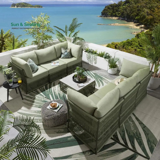 Arsenio Outdoor Sofa Set 6 Seater and 1 Center Table Set (Green) Braided & Rope Sofa Sets