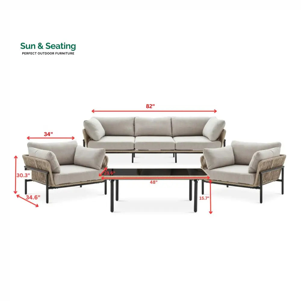 Arturo Outdoor Garden Balcony Sofa Set 3 Seater 2 Single Seater and 1 Center Table Set Braid &amp; Rope (Beige) Sofa Sets