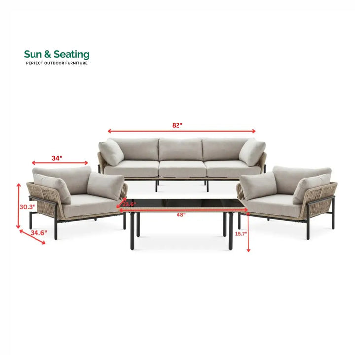 Arturo Outdoor Garden Balcony Sofa Set 3 Seater 2 Single Seater and 1 Center Table Set Braid &amp; Rope (Beige) Sofa Sets