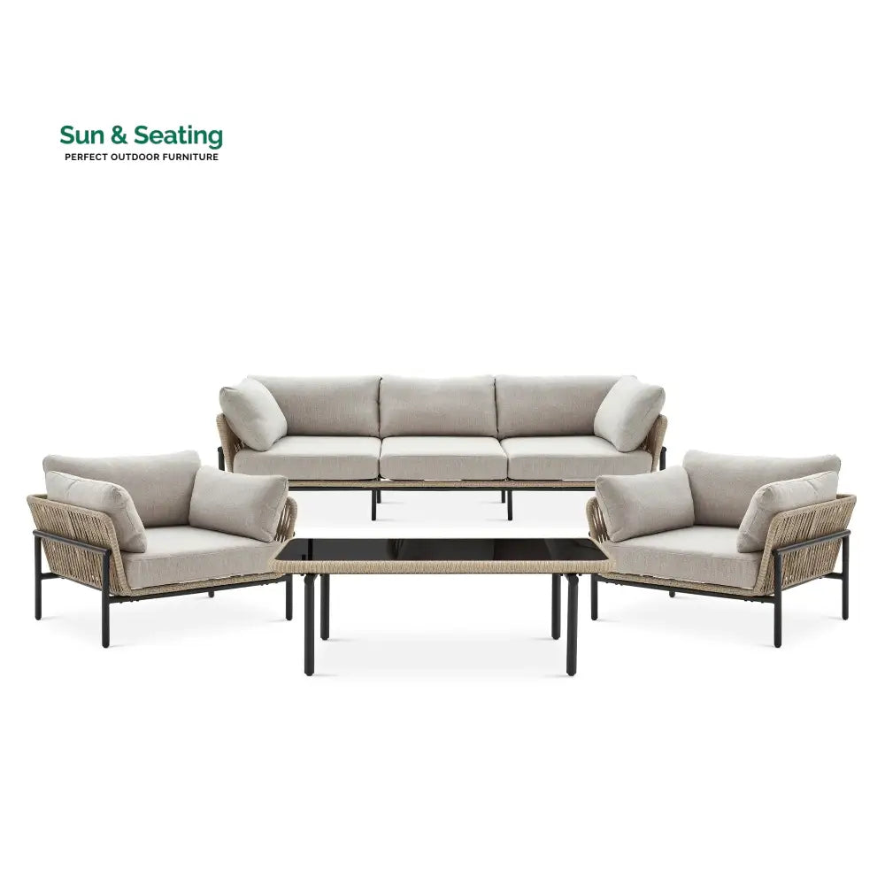 Arturo Outdoor Garden Balcony Sofa Set 3 Seater 2 Single Seater and 1 Center Table Set Braid &amp; Rope (Beige) Sofa Sets