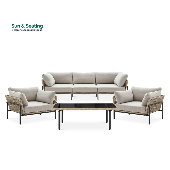 Arturo Outdoor Garden Balcony Sofa Set 3 Seater 2 Single Seater and 1 Center Table Set Braid &amp; Rope (Beige) Sofa Sets