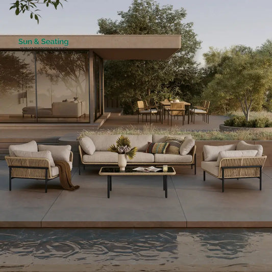 Arturo Outdoor Garden Balcony Sofa Set 3 Seater 2 Single Seater and 1 Center Table Set Braid & Rope (Beige) Sofa Sets