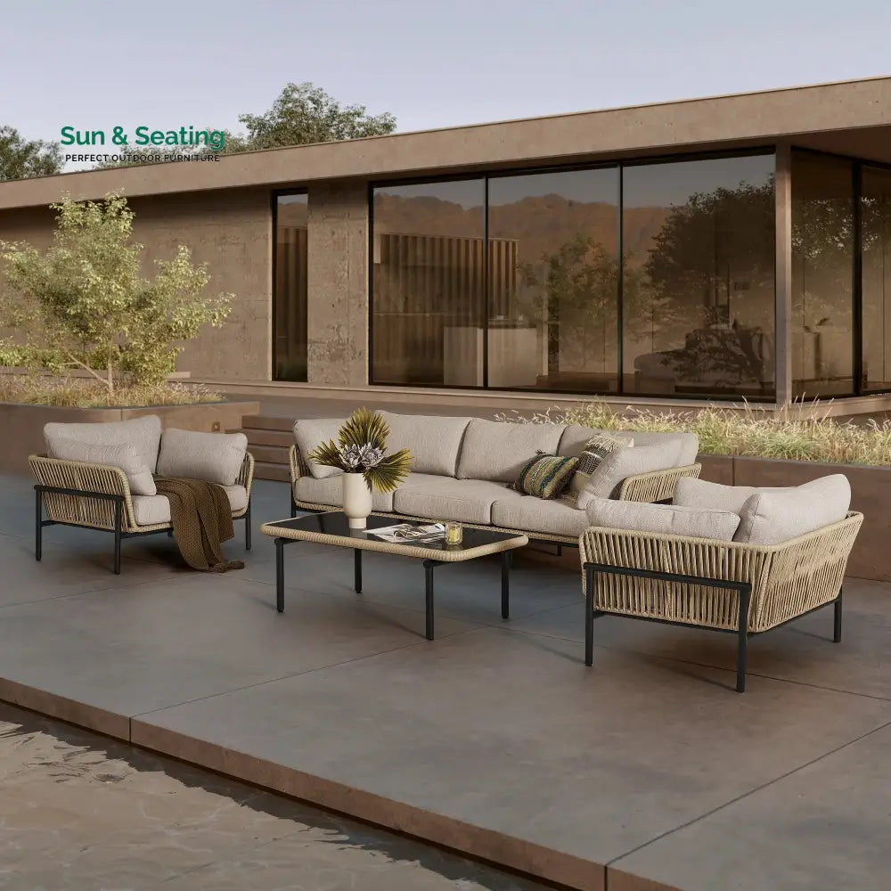 Arturo Outdoor Garden Balcony Sofa Set 3 Seater 2 Single Seater and 1 Center Table Set Braid &amp; Rope (Beige) Sofa Sets