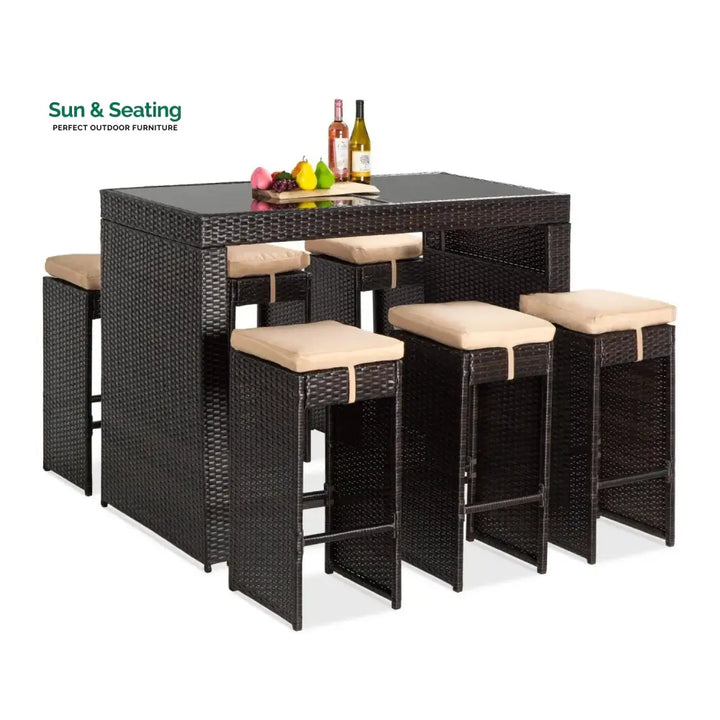 Asha 7-Piece Outdoor Rattan Wicker Bar Set with Glass Top Table Bar Set
