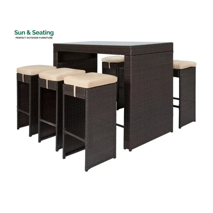 Asha 7-Piece Outdoor Rattan Wicker Bar Set with Glass Top Table Bar Set