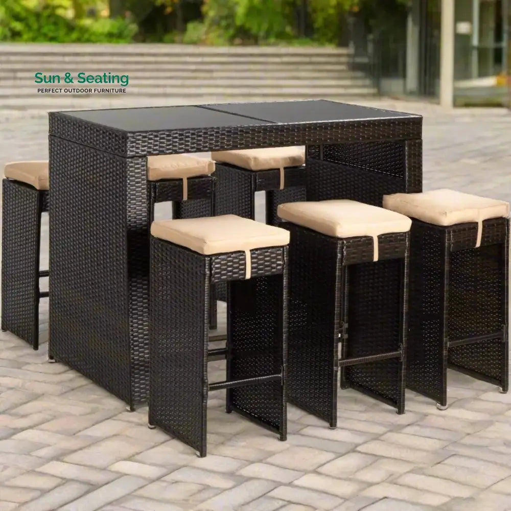 Asha 7-Piece Outdoor Rattan Wicker Bar Set with Glass Top Table Bar Set
