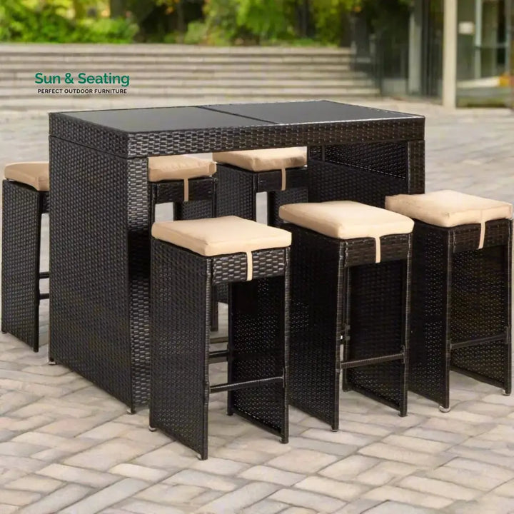 Asha 7-Piece Outdoor Rattan Wicker Bar Set with Glass Top Table Bar Set