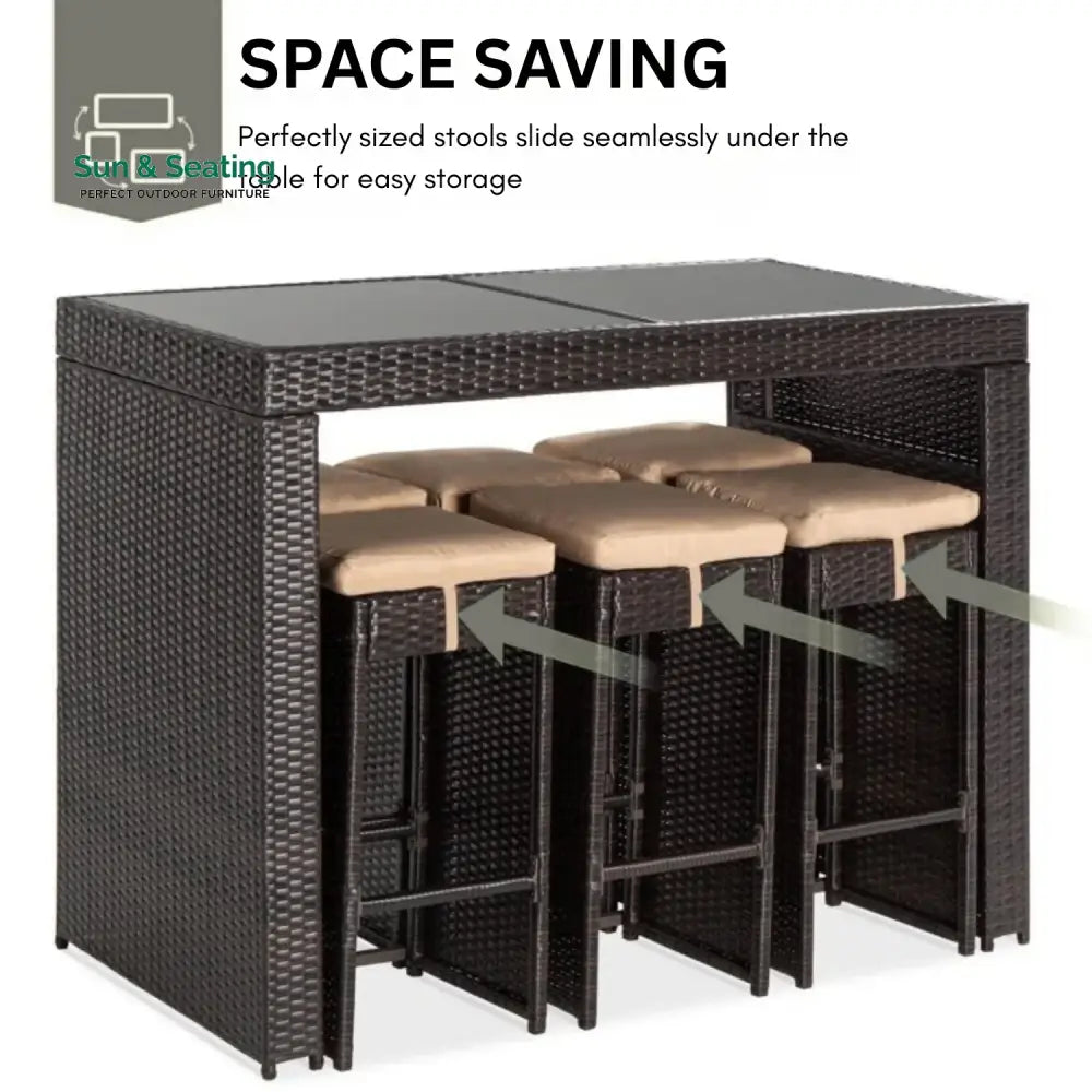 Asha 7-Piece Outdoor Rattan Wicker Bar Set with Glass Top Table Bar Set
