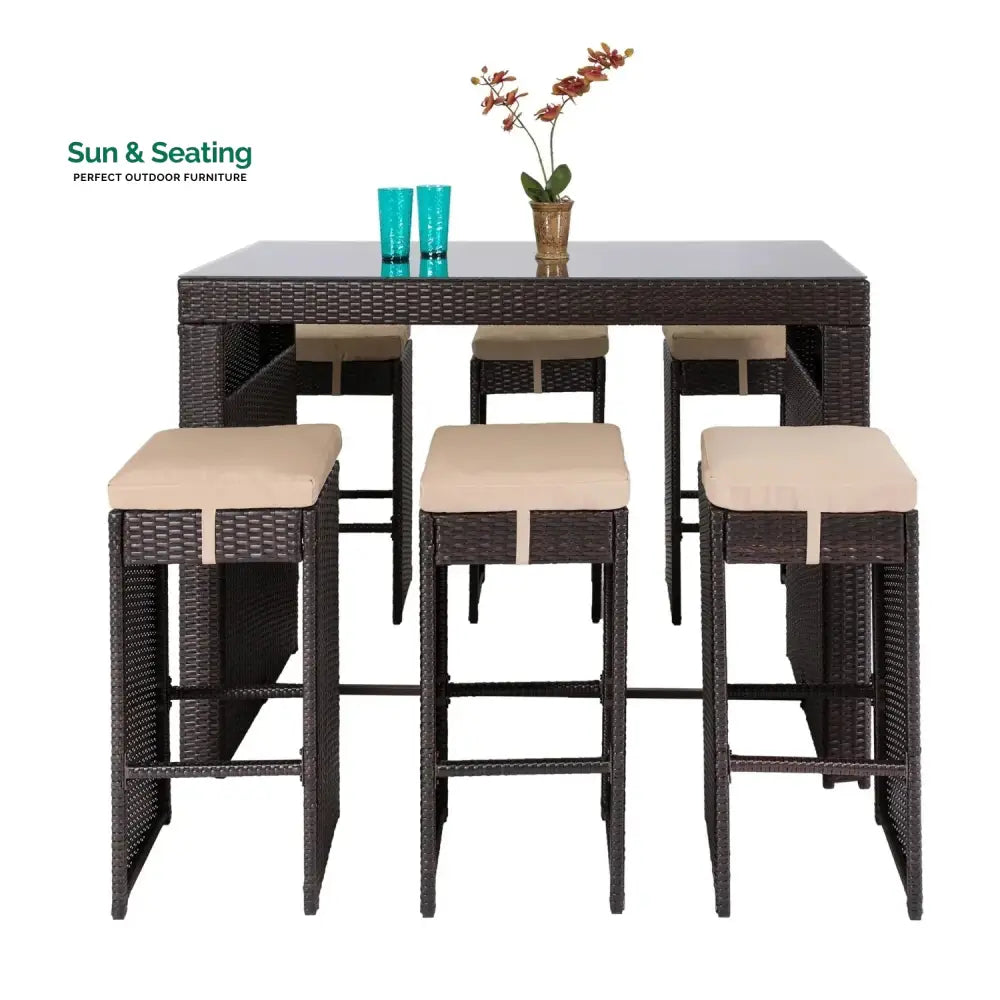 Asha 7-Piece Outdoor Rattan Wicker Bar Set with Glass Top Table Bar Set
