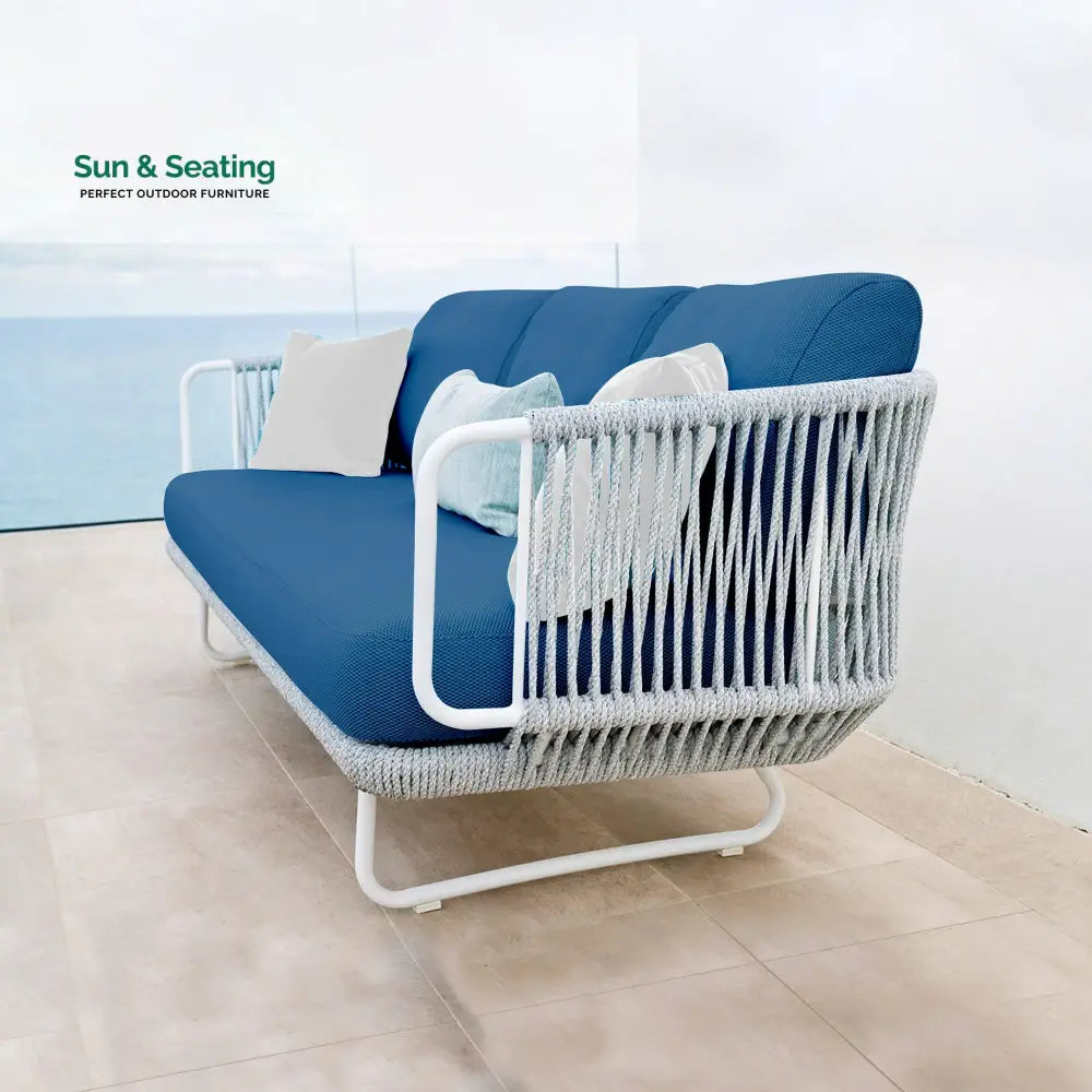 Astoir Outdoor Garden Balcony Sofa Set 3 Seater 2 Single Seater and 1 Center Table Set Braid & Rope (Grey-Blue) Sofa