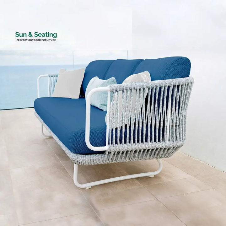 Astoir Outdoor Garden Balcony Sofa Set 3 Seater 2 Single Seater and 1 Center Table Set Braid &amp; Rope (Grey-Blue) Sofa