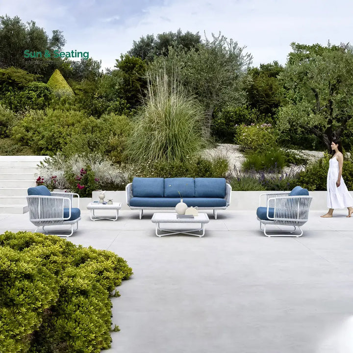Astoir Outdoor Garden Balcony Sofa Set 3 Seater 2 Single Seater and 1 Center Table Set Braid &amp; Rope (Grey-Blue) Sofa