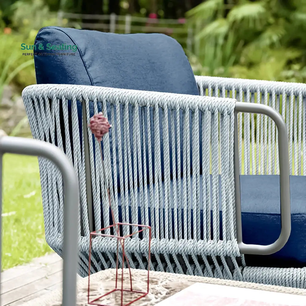 Astoir Outdoor Garden Balcony Sofa Set 3 Seater 2 Single Seater and 1 Center Table Set Braid & Rope (Grey-Blue) Sofa