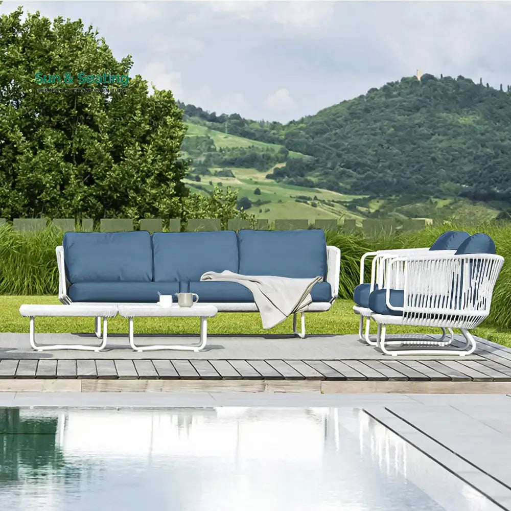 Astoir Outdoor Garden Balcony Sofa Set 3 Seater 2 Single Seater and 1 Center Table Set Braid & Rope (Grey-Blue) Sofa