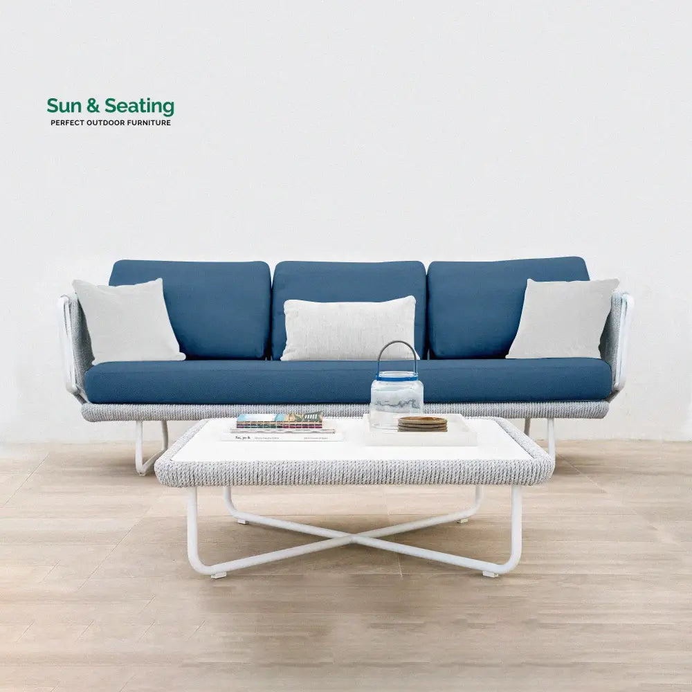 Astoir Outdoor Garden Balcony Sofa Set 3 Seater 2 Single Seater and 1 Center Table Set Braid & Rope (Grey-Blue) Sofa