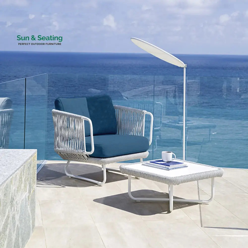 Astoir Outdoor Garden Balcony Sofa Set 3 Seater 2 Single Seater and 1 Center Table Set Braid & Rope (Grey-Blue) Sofa