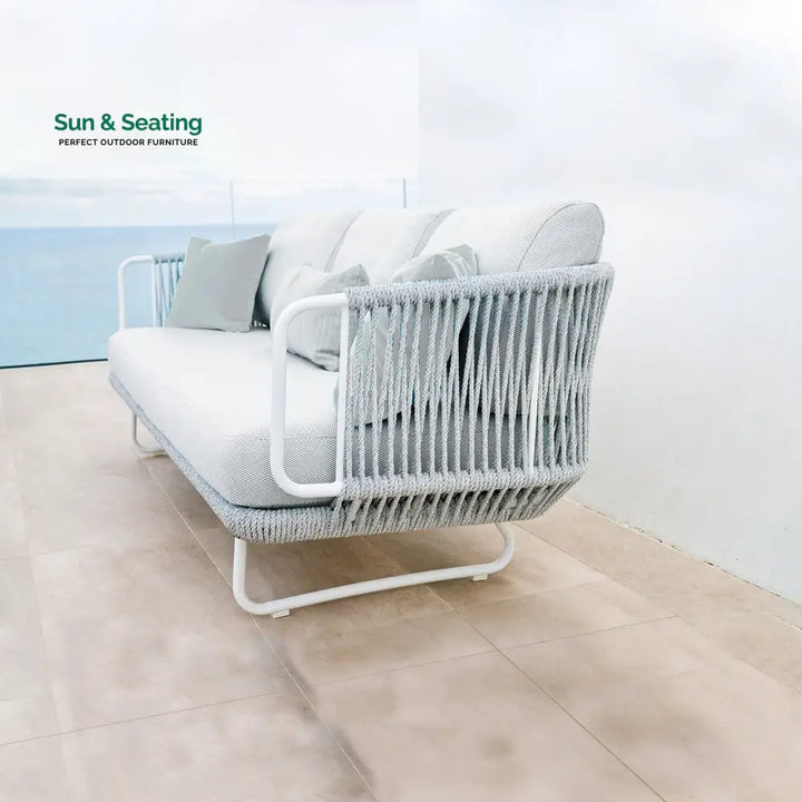 Astor Outdoor Garden Balcony Sofa Set 3 Seater 2 Single Seater and 1 Center Table Set Braid &amp; Rope (Grey-Off White)