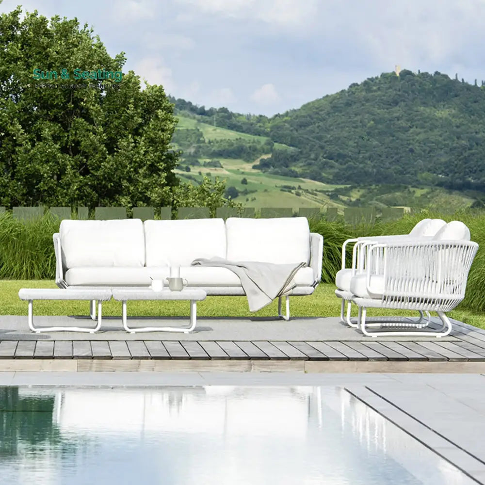 Astor Outdoor Garden Balcony Sofa Set 3 Seater 2 Single Seater and 1 Center Table Set Braid &amp; Rope (Grey-Off White)