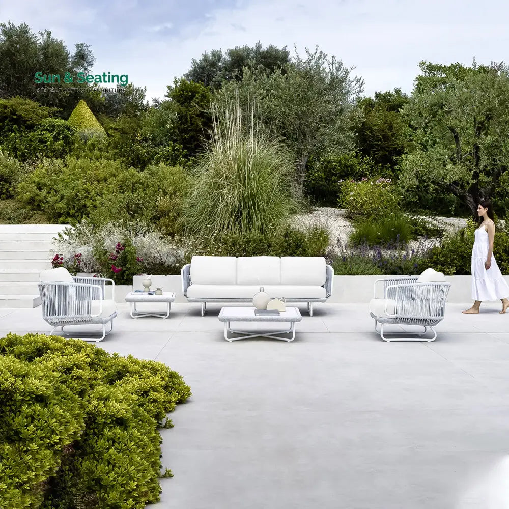 Astor Outdoor Garden Balcony Sofa Set 3 Seater 2 Single Seater and 1 Center Table Set Braid &amp; Rope (Grey-Off White)