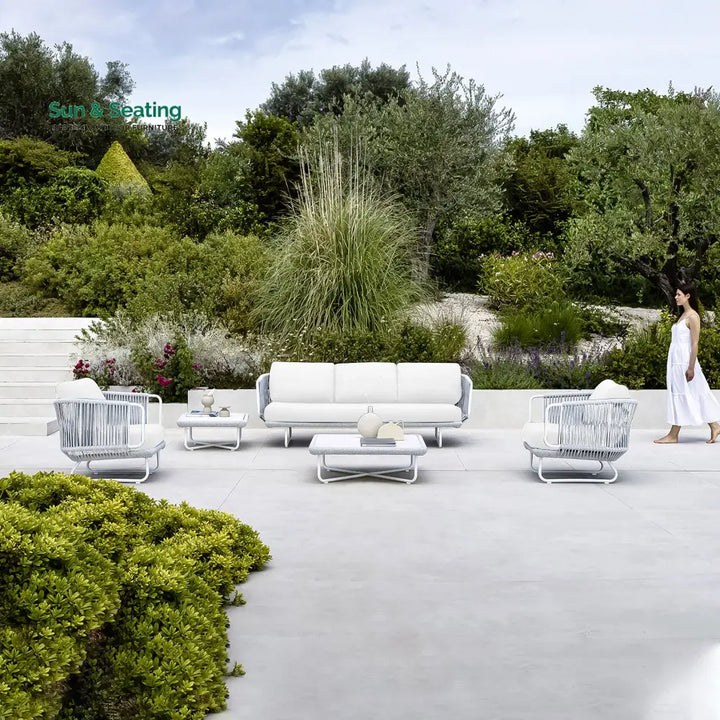 Astor Outdoor Garden Balcony Sofa Set 3 Seater 2 Single Seater and 1 Center Table Set Braid &amp; Rope (Grey-Off White)