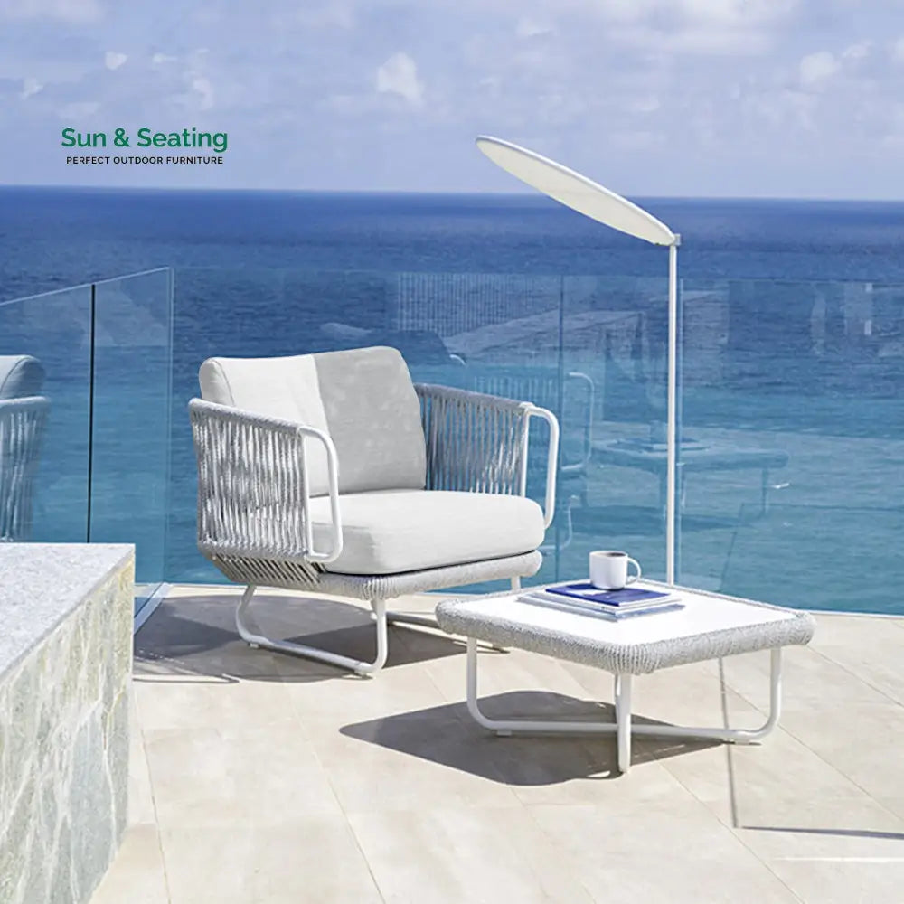 Astor Outdoor Garden Balcony Sofa Set 3 Seater 2 Single Seater and 1 Center Table Set Braid &amp; Rope (Grey-Off White)