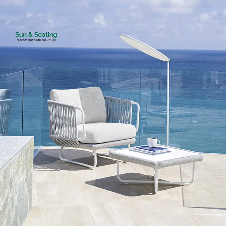 Astor Outdoor Garden Balcony Sofa Set 3 Seater 2 Single Seater and 1 Center Table Set Braid &amp; Rope (Grey-Off White)