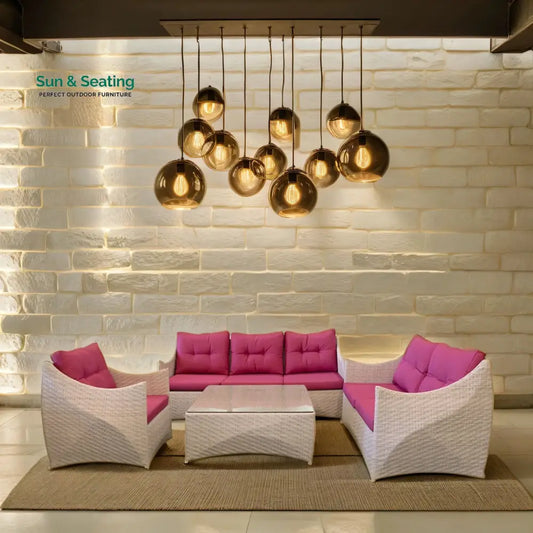 Avila Outdoor Garden Balcony Sofa Set 3 Seater 2 Seater 1 Single Seater and 1 Center Table Set (Cream & Pink) Sofa Sets