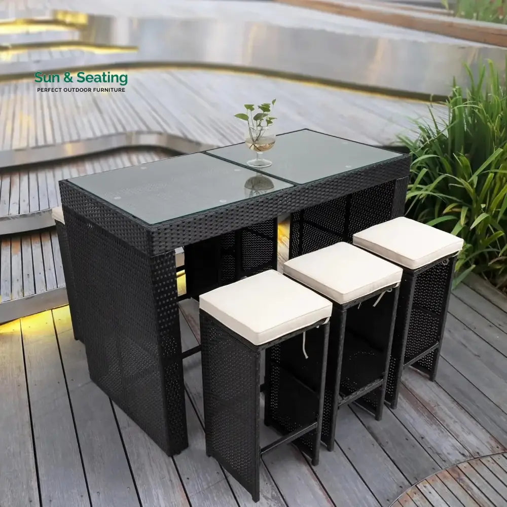 Ayana 7-Piece Outdoor Rattan Wicker Bar Set with Glass Top Table Bar Set