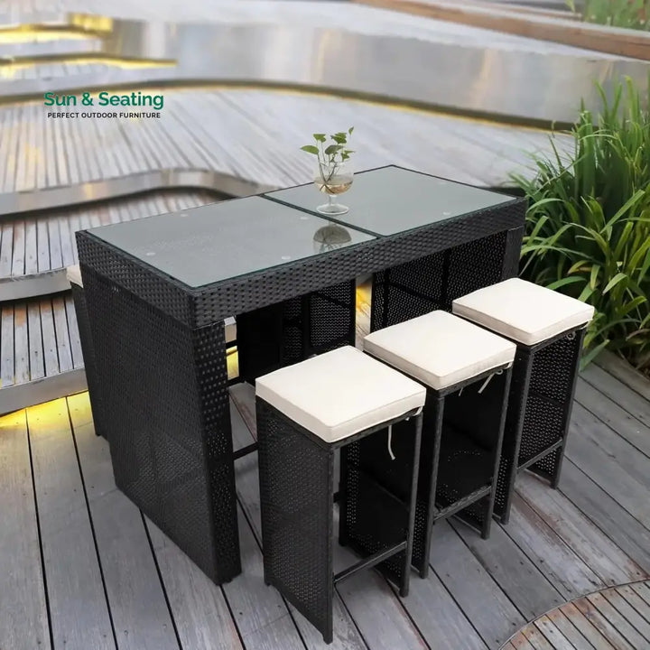 Ayana 7-Piece Outdoor Rattan Wicker Bar Set with Glass Top Table Bar Set