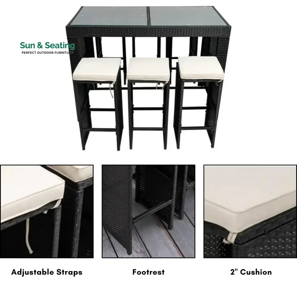Ayana 7-Piece Outdoor Rattan Wicker Bar Set with Glass Top Table Bar Set
