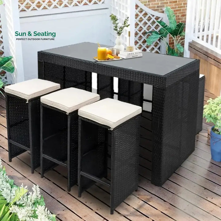 Ayana 7-Piece Outdoor Rattan Wicker Bar Set with Glass Top Table Bar Set