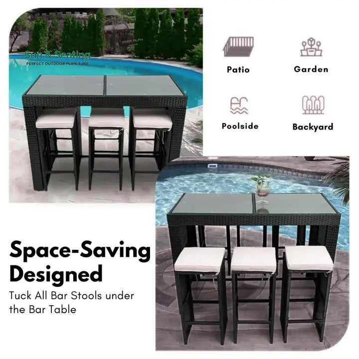 Ayana 7-Piece Outdoor Rattan Wicker Bar Set with Glass Top Table Bar Set