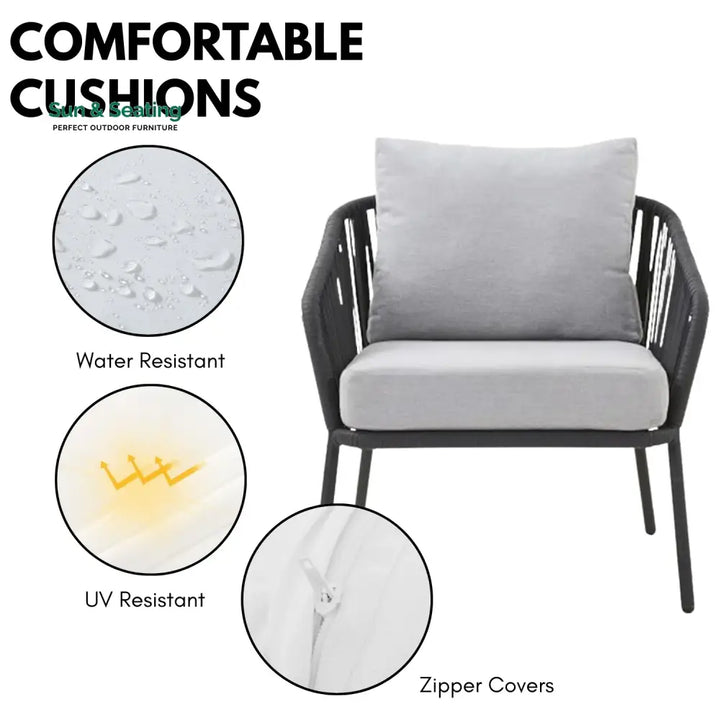 Azalea 4-Piece Outdoor Rope Patio Sofa Set (Black &amp; Off-White) Sofa Set