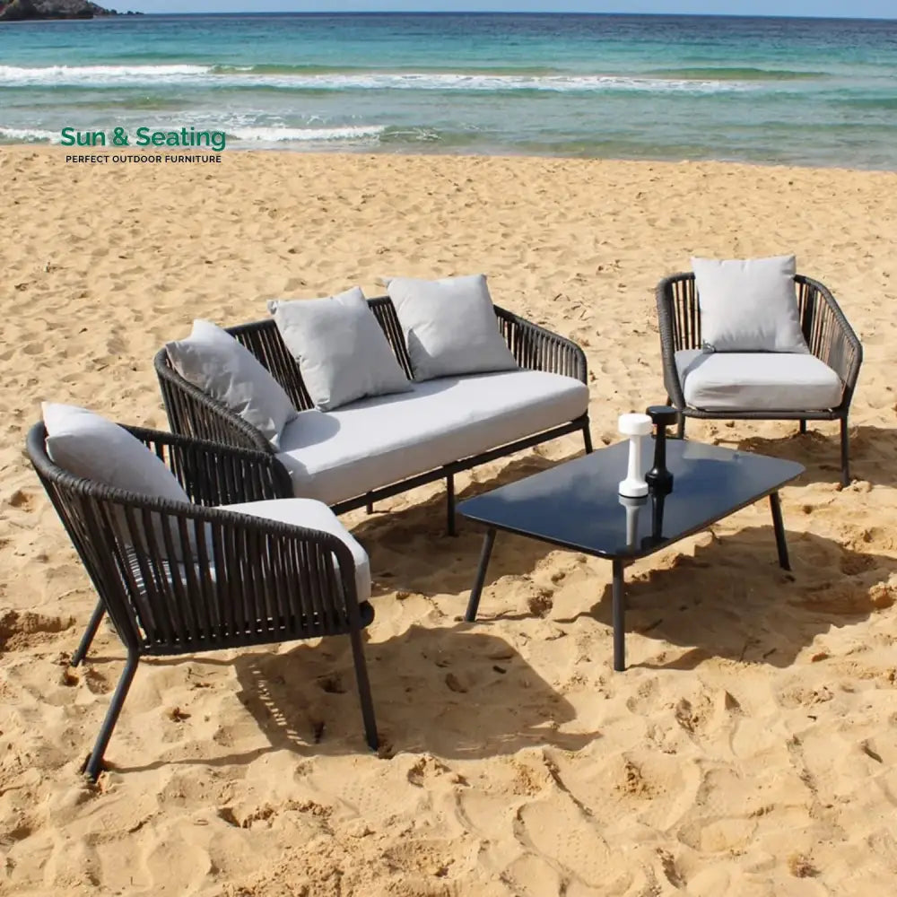 Azalea 4-Piece Outdoor Rope Patio Sofa Set (Black &amp; Off-White) Sofa Set
