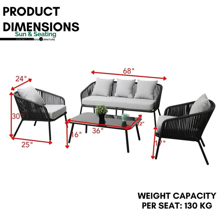 Azalea 4-Piece Outdoor Rope Patio Sofa Set (Black &amp; Off-White) Sofa Set
