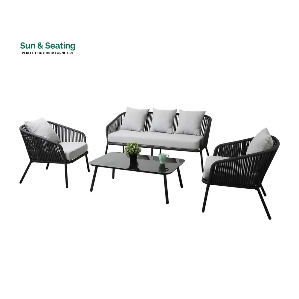 Azalea 4-Piece Outdoor Rope Patio Sofa Set (Black &amp; Off-White) Sofa Set