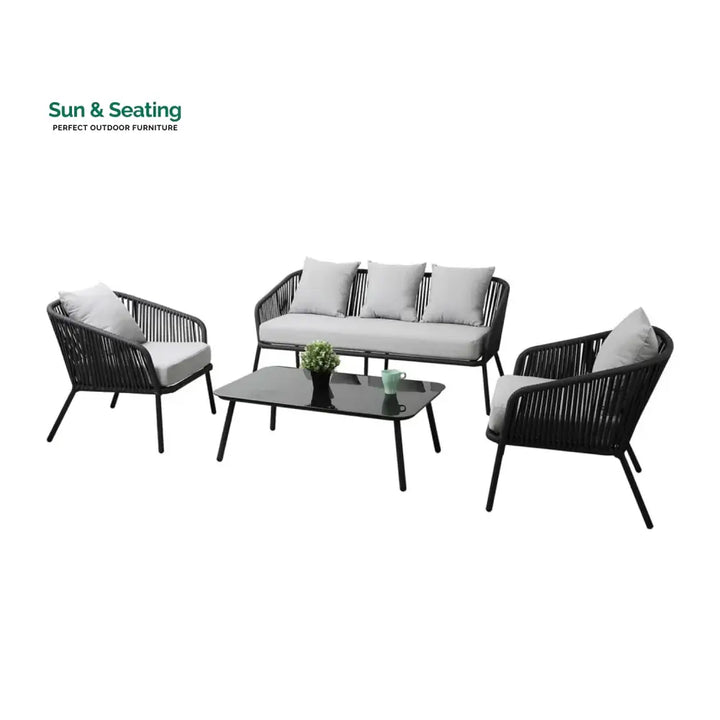 Azalea 4-Piece Outdoor Rope Patio Sofa Set (Black &amp; Off-White) Sofa Set
