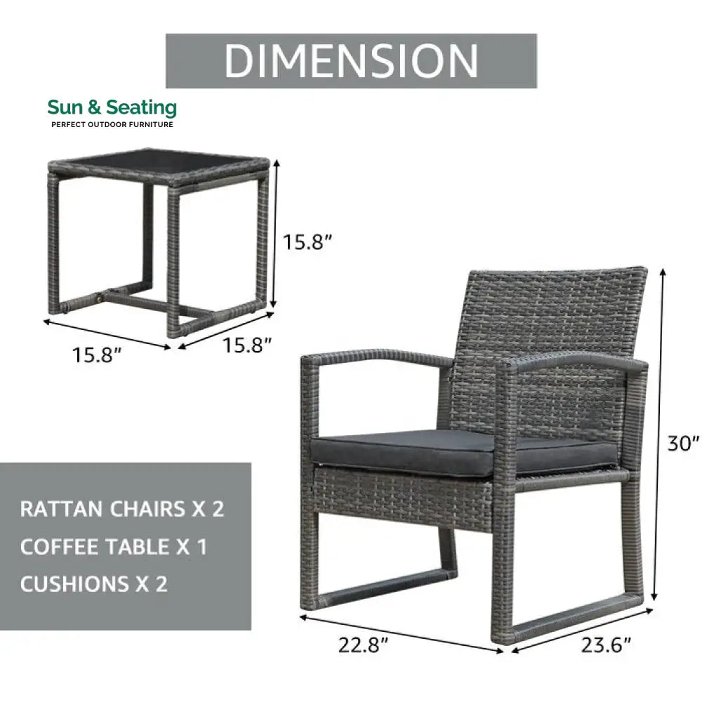Babun Outdoor Patio Seating Set 2 Chairs and 1 Table Set (Grey) Coffee Table Sets