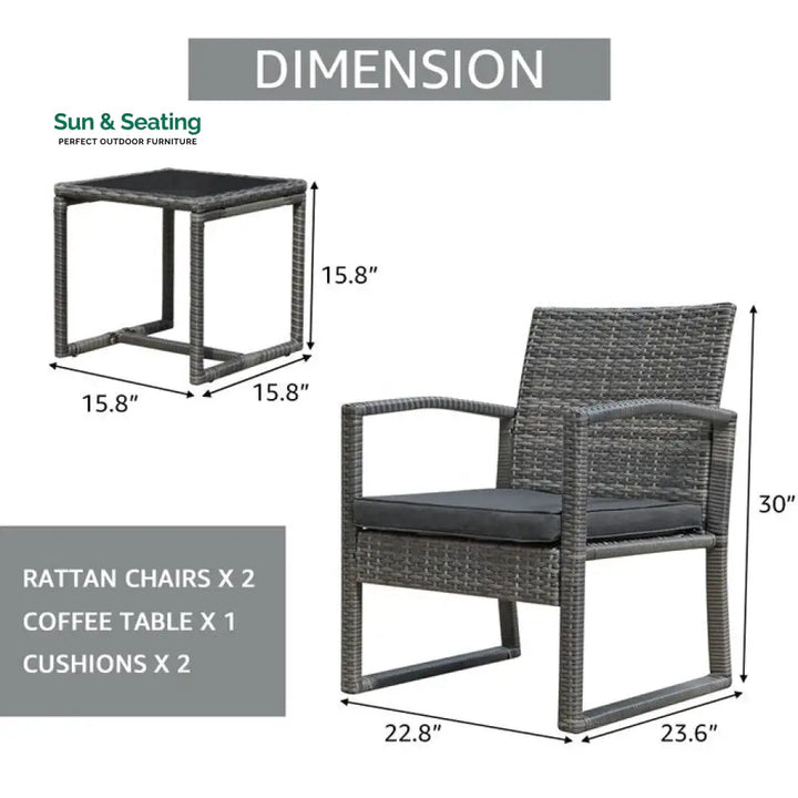Babun Outdoor Patio Seating Set 2 Chairs and 1 Table Set (Grey) Coffee Table Sets
