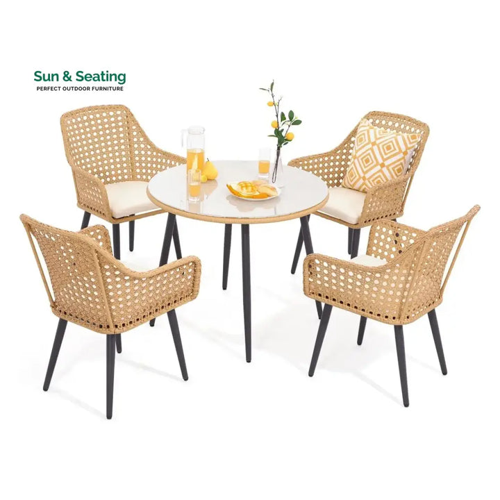 Beatriz 5-Piece Outdoor Patio Dining Set with Rattan Chairs &amp; Glass Top Table Dining Set
