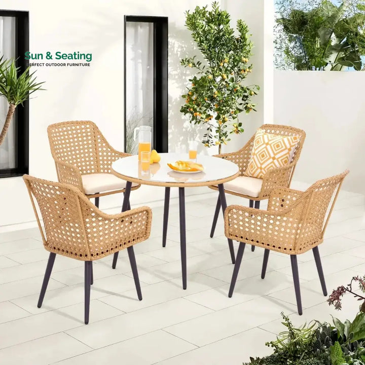 Beatriz 5-Piece Outdoor Patio Dining Set with Rattan Chairs &amp; Glass Top Table Dining Set