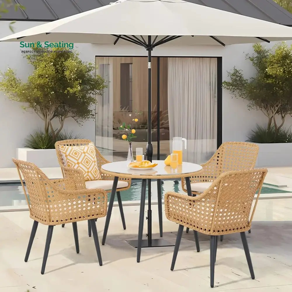 Beatriz 5-Piece Outdoor Patio Dining Set with Rattan Chairs &amp; Glass Top Table Dining Set