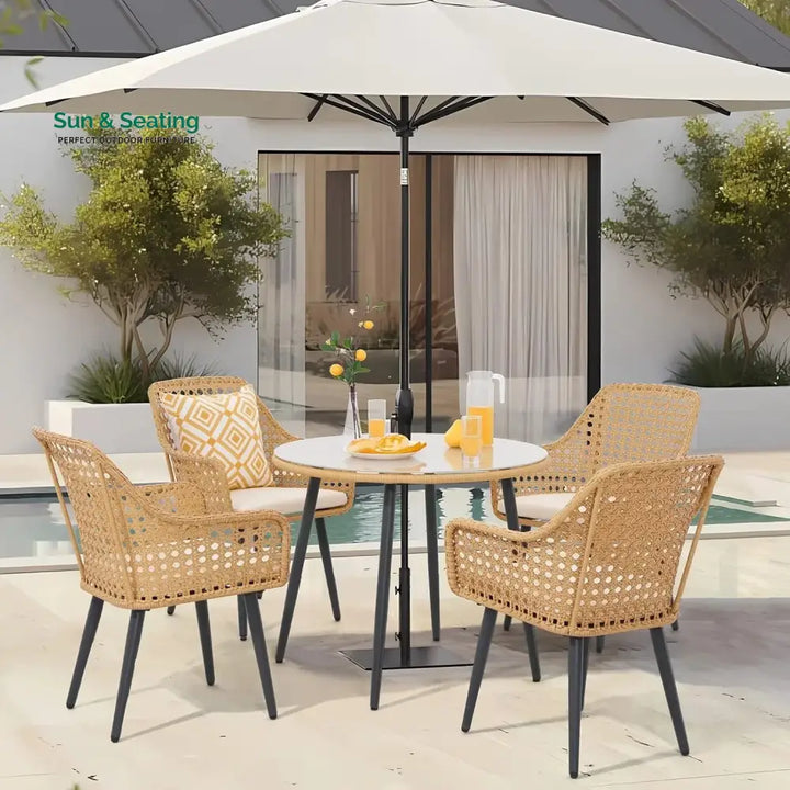 Beatriz 5-Piece Outdoor Patio Dining Set with Rattan Chairs &amp; Glass Top Table Dining Set
