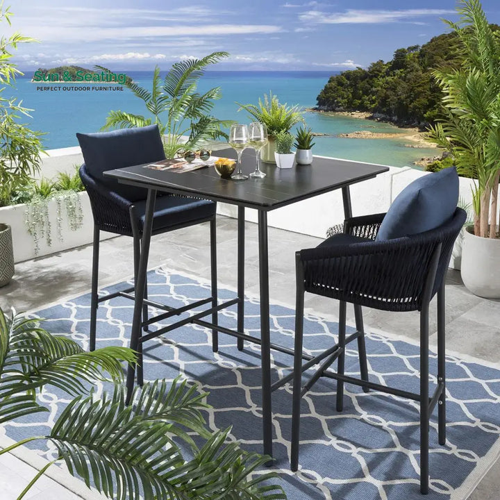 Beatriz Outdoor Patio Bar Set 2 Chairs and 1 Table Set Braided &amp; Rope BLUE Bar Sets