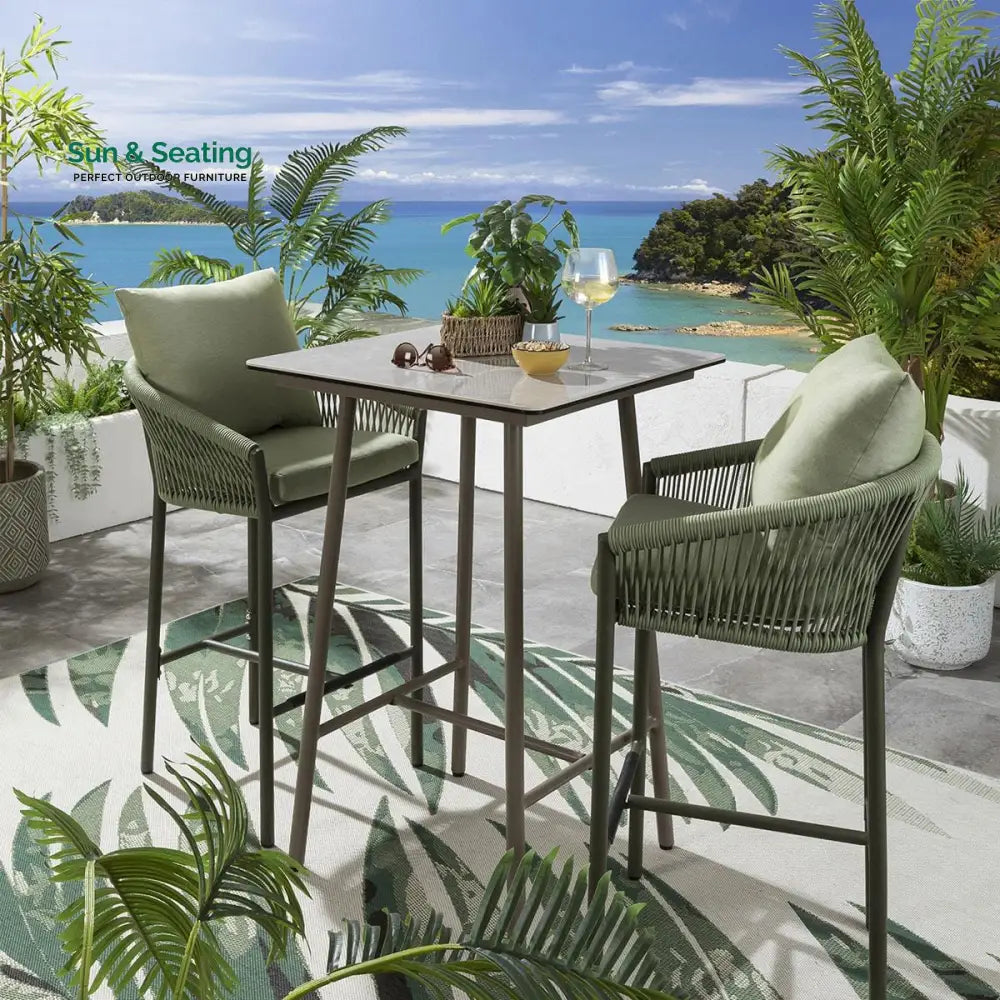 Beatriz Outdoor Patio Bar Set 2 Chairs and 1 Table Set Braided &amp; Rope GREEN Bar Sets