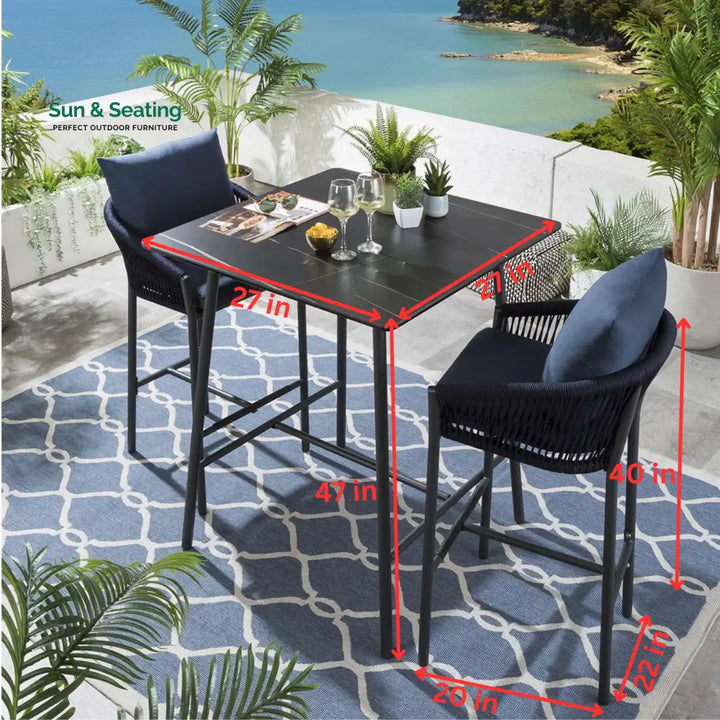 Beatriz Outdoor Patio Bar Set 2 Chairs and 1 Table Set Braided &amp; Rope Bar Sets