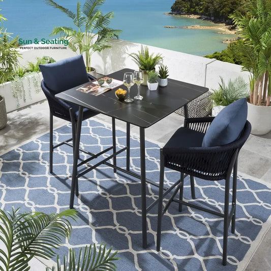 Beatriz Outdoor Patio Bar Set 2 Chairs and 1 Table Set Braided & Rope Bar Sets