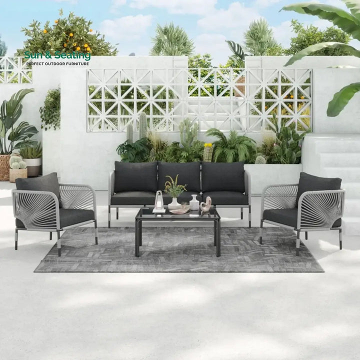 Bellamy Outdoor Rope 5-Seater Sofa Set With Glass Top Table Sofa Set