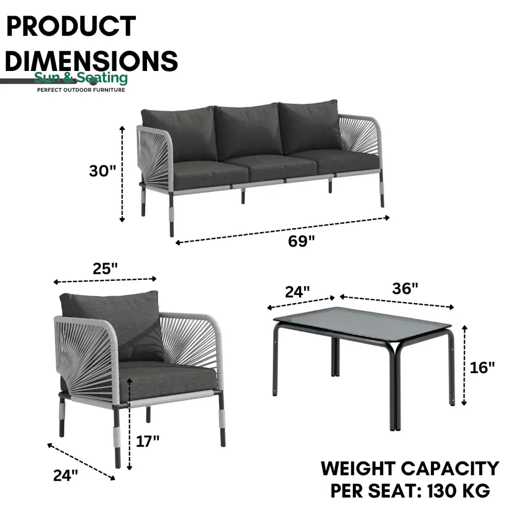 Bellamy Outdoor Rope 5-Seater Sofa Set With Glass Top Table Sofa Set