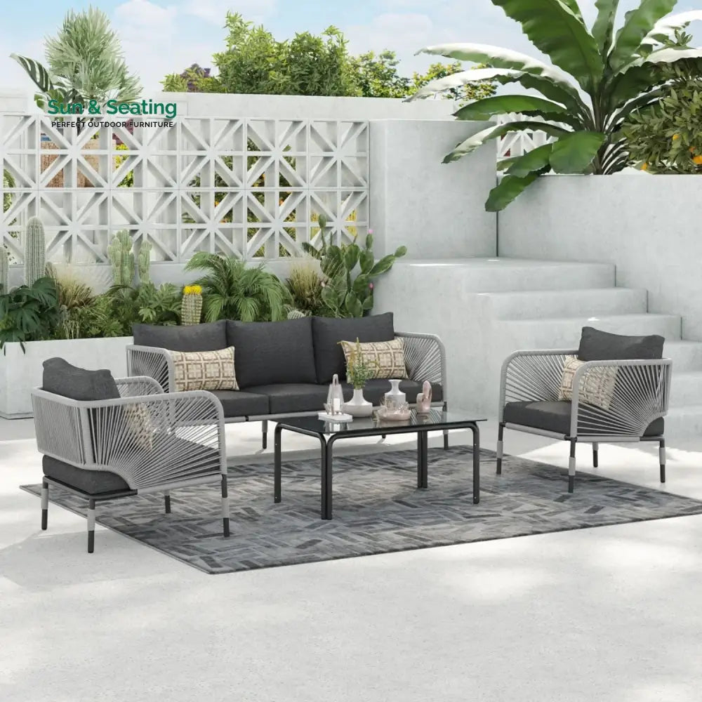 Bellamy Outdoor Rope 5-Seater Sofa Set With Glass Top Table Sofa Set